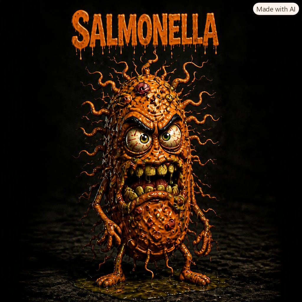 Salmonella — grotesque bacteria character illustration