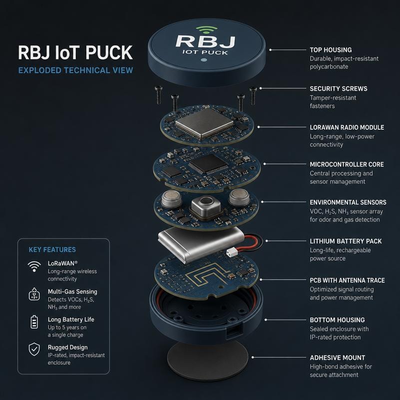 RBJ IoT Puck exploded technical view showing internal components